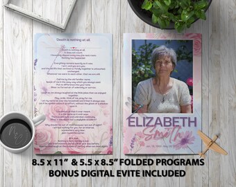 Rose and Dragonfly Funeral Program Template Editable in Canva 5.5x8.5 & 8.5x11 Digital Download