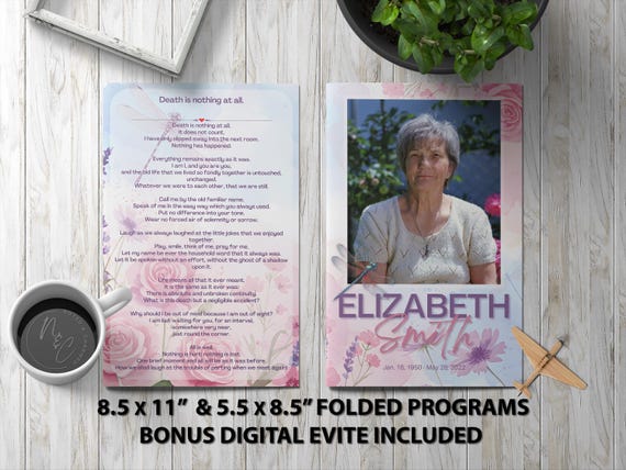 Rose and Dragonfly Funeral Program Template Editable in Canva 5.5x8.5 & 8.5x11 Digital Download