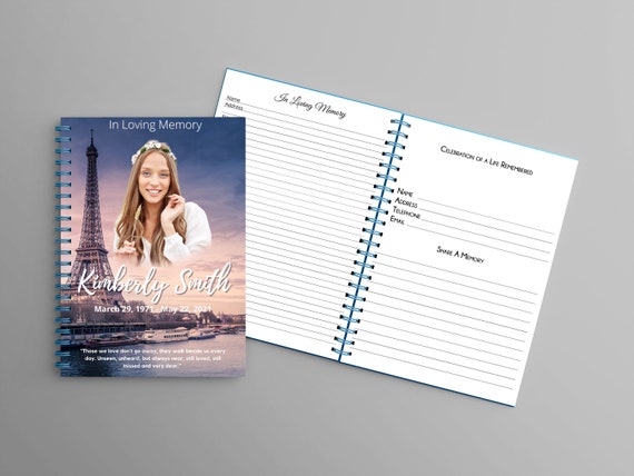 Paris Memorial guest book with share a memory pages Celebration of life.  Canva Template.  Funeral Book - F0043