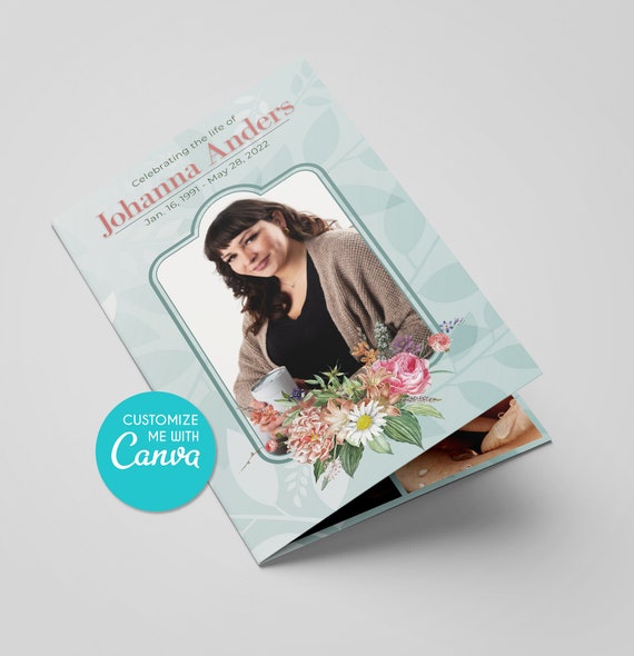 Editable Green Floral Frame Funeral Program Template Etsy