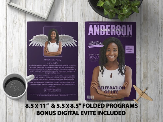 Purple Magazine Cover Funeral Program Template Memorial Announcement, Obituary Flyer, Celebration of Life Magazine - 5.5x8.5 & 8.5x11