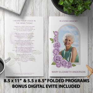 Begravningsprogram för Purple Rose Elegance – redigerbar Canva-mall för minnesmärken