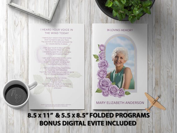 Purple Rose Elegance Funeral Program – Canva Editable Memorial Template