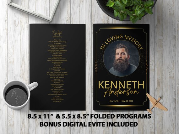 Gold and Black Funeral Program Template Memorial Announcement, Obituary Flyer, Celebration of Life Magazine, 5.5x8.5 & 8.5x11 Digital Evite