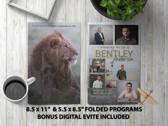 Lion Multi Photo Program Template Memorial Announcement, Obituary Flyer, Celebration of Life Magazine, 5.5x8.5 & 8.5x11 Digital evite.