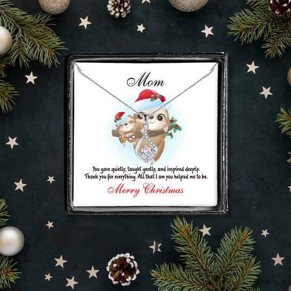 Merry Christmas Mom, charm necklace, glass display, message card, Christmas gift, From daughter, From Son, Cute Sloth, For Mother, to Mommy