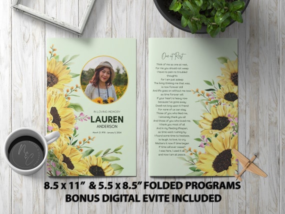 Sunflower Funeral Program Template - Memorial Announcement, Obituary Flyer, Celebration of Life Magazine - 5.5x8.5 + 8.5x11 & Digital Evite