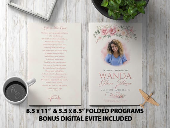 Graceful Pink Nurse Funeral Program Template for Celebration of Life • Elegant Memorial Brochure Design | Noted & Charmed