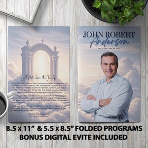 Mall för begravningsprogram för Heavenly Gate, Canva, digital nedladdning | Änglalikt minnesmärke | Redigerbar design för livets firande