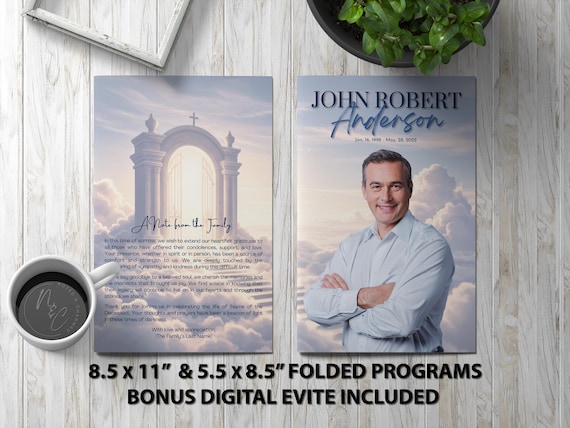 Heavenly Gate Funeral Program Template Canva Digital Download | Angelic Memorial Keepsake | Editable Celebration of Life Design