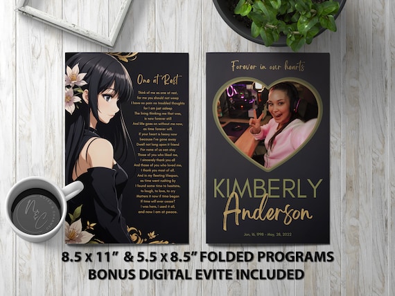 Anime Style Girl Funeral Program Template Memorial Announcement, Obituary Flyer, Celebration of Life Magazine, 5.5x8.5 & 8.5x11