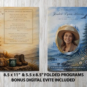 May include: Two funeral program cards measuring 8.5 by 11 inches and 5.5 by 8.5 inches. The left card features a poem titled IN EVERY GENTLE MOMENT with a mountain landscape, hiking boots, and a mug. The right card shows Jessica Lynn Harris.