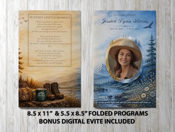 Serene Outdoor Watercolor Funeral Program Template with Mountain Landscape for Celebration of Life | Noted & Charmed