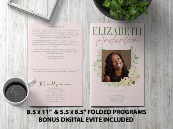 Pink and Yellow Flowers Funeral Program Template Memorial Announcement, Obituary Flyer, Celebration of Life Magazine, 5.5x8.5 & 8.5x11