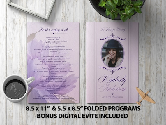 Purple Flower Funeral Program Template Memorial Announcement, Obituary Flyer, Celebration of Life Magazine, 5.5x8.5 & 8.5x11 Digital Evite