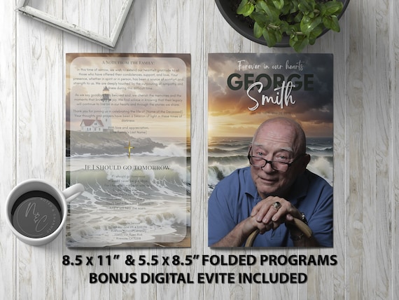 Beach and Lighthouse Watercolor Funeral Program Template | Editable Memorial Program | Digital Download for Celebration of Life