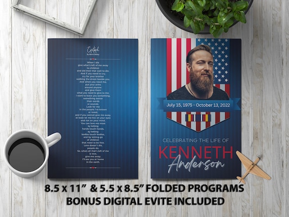 Veteran Hero Memorial Funeral Program - Expandable pages - Canva template. Online Edit Funeral Announcement Obituary Celebration of Life