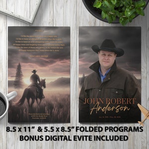 Cowboy Rides Away Funeral Program Template Memorial Announcement, Obituary Flyer, Celebration of Life Magazine, 5.5x8.5 & 8.5x11 Folded