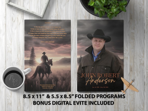 Cowboy Rides Away Funeral Program Template Memorial Announcement, Obituary Flyer, Celebration of Life Magazine, 5.5x8.5 & 8.5x11 Folded