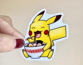 Kawaii Pikachu Eating Ramen Waterproof Laminated Sticker Decal Decoration for Water Bottles Laptops Phones (two sizes)