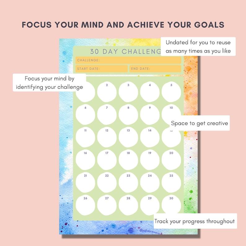 30 Day Challenge Tracker | Printable Daily Tracker | Watercolour | 30 ...