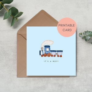 Afdrukbare nieuwe babykaart | Het is een jongen | pasgeboren | Babyjongen | Nieuwe ouders | Trein | Illustratie | Direct downloaden | Thuis afdrukken | PDF-JPG