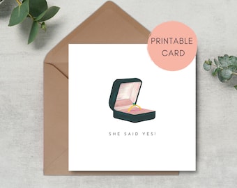 Tarjeta de compromiso mínima imprimible / Felicitaciones / Ella dijo que sí / Anillo de compromiso / Descarga instantánea / Imprimir en casa / PDF JPEG