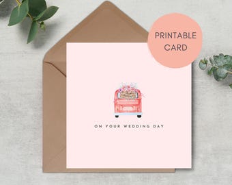 Printable Wedding Card | On Your Wedding Day | Pink | Just Married Camper Van | Instant Download | Print at Home Template | PDF JPG