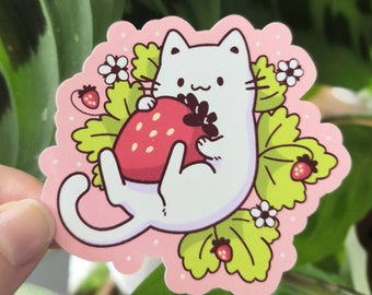 Chat fraise - Sticker vinyle brillant