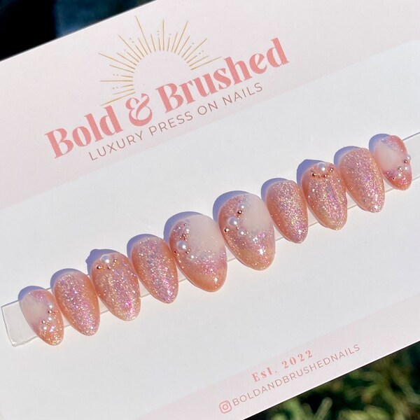 3D Mermaid, Pearl & Cateye Sea Press On Nail Set, Jewel Tone Peach, Coral and Pink Glitter Hand Painted Extensions.