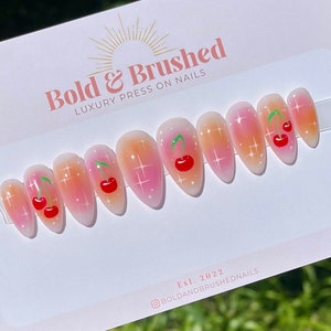 Cherry and Stars Press On Nail Set, Pink and Orange Aura Hand Painted Extensions.