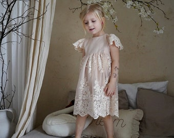 Little Rosali Girls Boho Dress | Lace & Muslin Vintage Dresses For Children | Bohemian Natural Clothing | Kids Little Retro Fashion