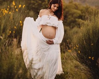 Abito due pezzi boho da donna Olivia / Top e gonna vintage in mussola / Abito per il servizio fotografico di maternità / Accessori fotografici / Servizio fotografico di gravidanza
