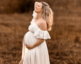 Mila Damen Boho Kleid | Vintage Kleid aus Spitze und Musselin für die Schwangerschaft | Fotorequisiten | Schwangerschaft Fotoshooting