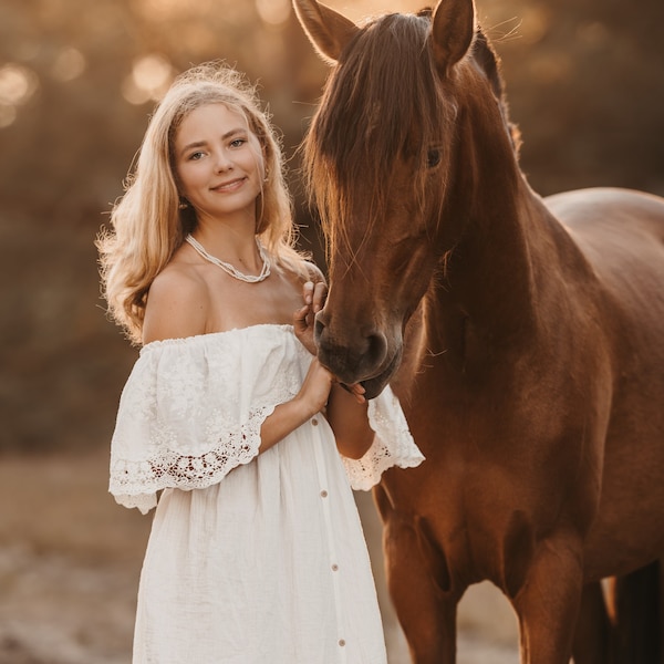 Carmen Damen Boho Kleid | Vintage Kleid aus Spitze und Musselin für die Schwangerschaft | Fotorequisiten | Schwangerschaft Fotoshooting