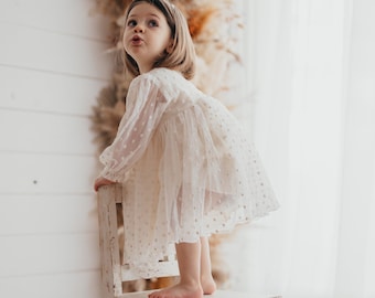 Mercedes Girls Boho Dress | Tulle & Muslin Vintage Dresses For Children | Bohemian Natural Clothing | Kids Little Retro Fashion