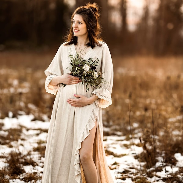 Damska sukienka Boho Sophie | Koronkowa Lniano-Wiskozowa Sukienka Vintage Do Sesji Ciążowej | Rekwizyty do zdjęć | Sesja zdjęciowa w ciąży