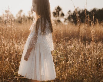 Little Chloe White Girls Boho Dress | Tulle & Sequins Vintage Dresses For Children | Bohemian Natural Clothing | Kids Little Retro Fashion