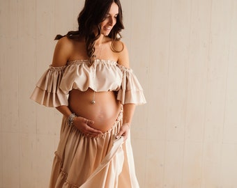 Dolly Women's Boho Two-Pieces Set | Two-color Vintage Top and Skirt | Maternity Session | Pregnancy Photo Shoot