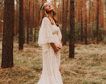 Sukienka Boho damska Grace | Koronkowa sukienka w stylu vintage na sesję ciążową | Rekwizyty do zdjęć | Sesja zdjęciowa w ciąży