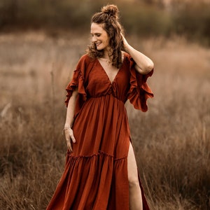 Damska sukienka Boho Lea Muślinowa sukienka vintage na sesję ciążową Rekwizyty do zdjęć Sesja zdjęciowa w ciąży rust