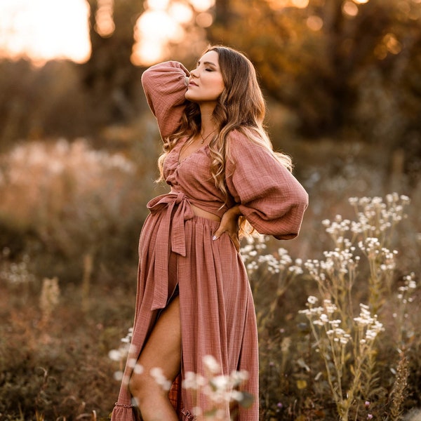 Robe bohème deux pièces Naomi pour femmes | Haut et jupe vintage en mousseline | Habillez-vous pour la séance maternité | Accessoires photo | Séance photo de grossesse