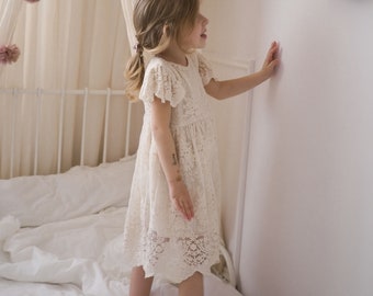 Luisa Girls Boho Dress | Lace & Muslin Vintage Dresses For Children | Bohemian Natural Clothing | Kids Little Retro Fashion