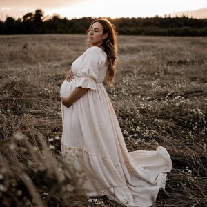 Madlen Women's Boho Dress Muslin Vintage Dress Dress For The Session Maternity Dress Photo Props Dress For Pregnancy Photo Shoot vanilla