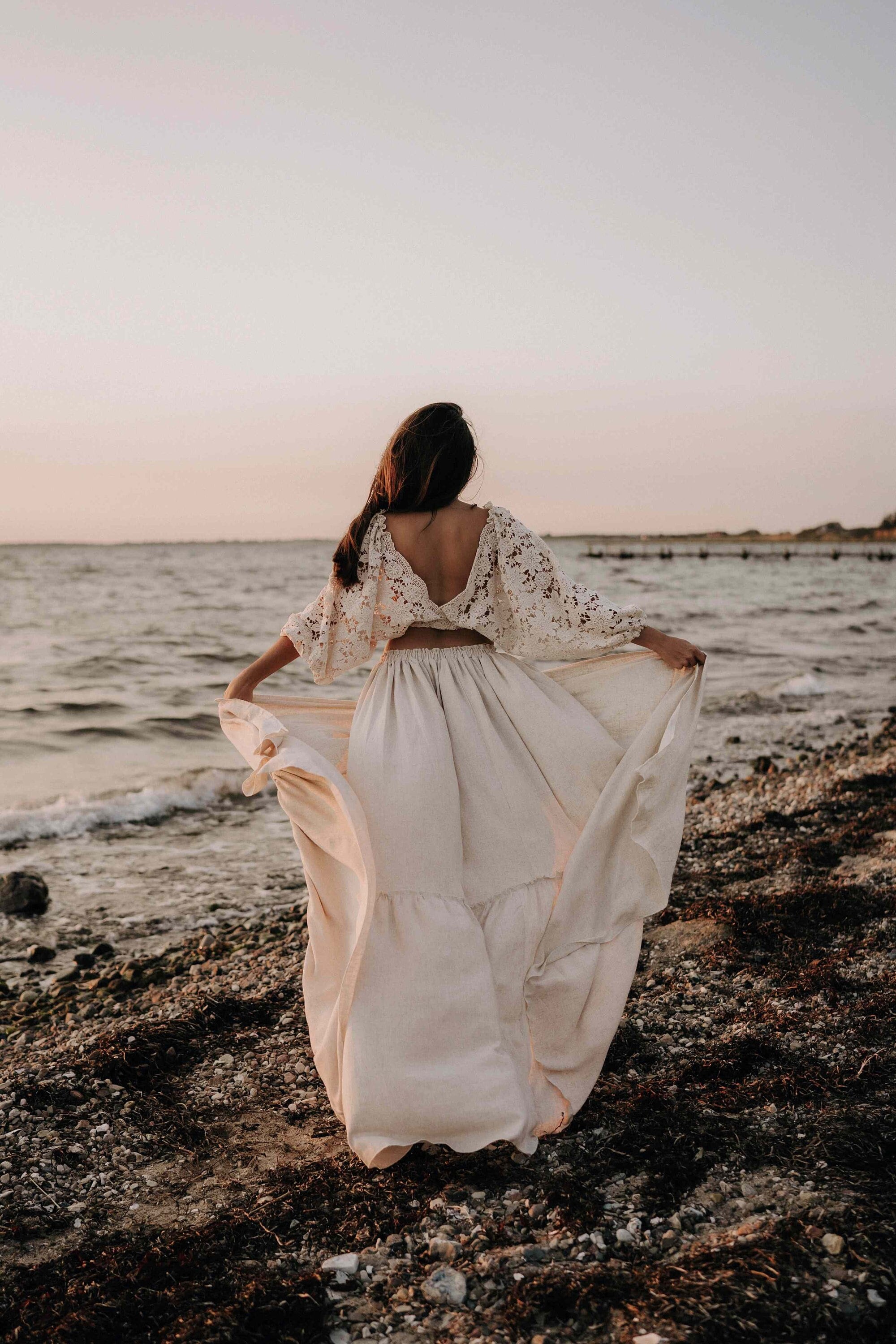 Malou Women's Boho Two-Pieces Set | Vintage  Lace Top and Linen&Viscose Skirt | Maternity Session | Pregnancy Photo Shoot