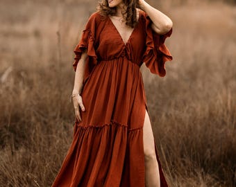 Lea Women&#39;s Boho Dress | Vintage Muslin Maternity Dress | Photo Props | Pregnancy Photo Session