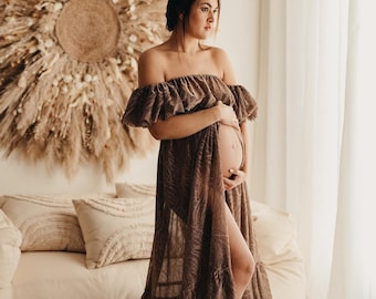 Stella Women's Boho Two-Pieces Set | Decorated Tulle Vintage Gown | Maternity Session | Pregnancy Photo Shoot