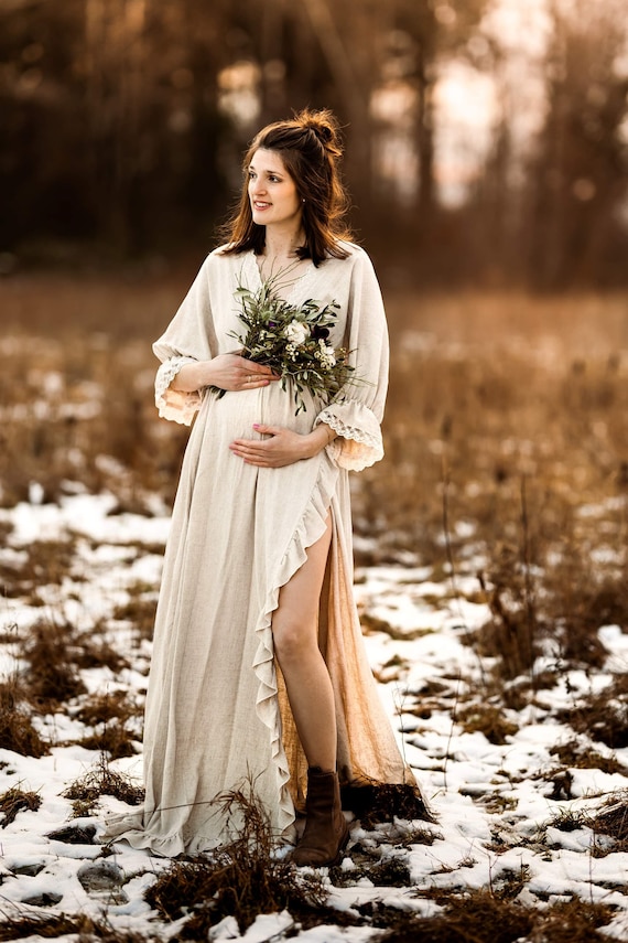 Sophie Lace Boho Maternity Dress: Linen Viscose Gown