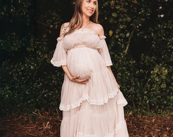 Marisa Maternity Photo Shoot Dress, Blush Tulle Gown, Off Shoulder,  Mom and Daughter Matching Outfit