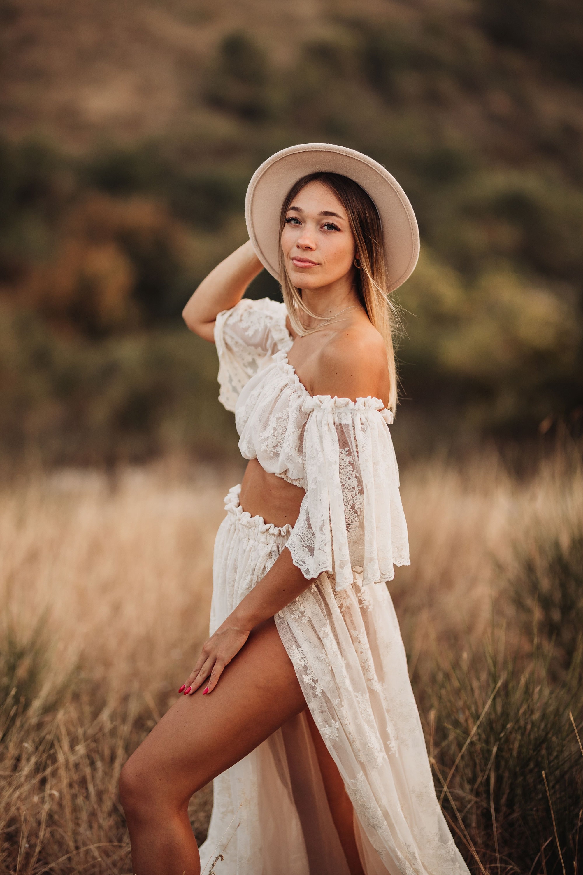 Janis Boho Lace Two-piece Set | Ivory Off-shoulder Top & Maxi